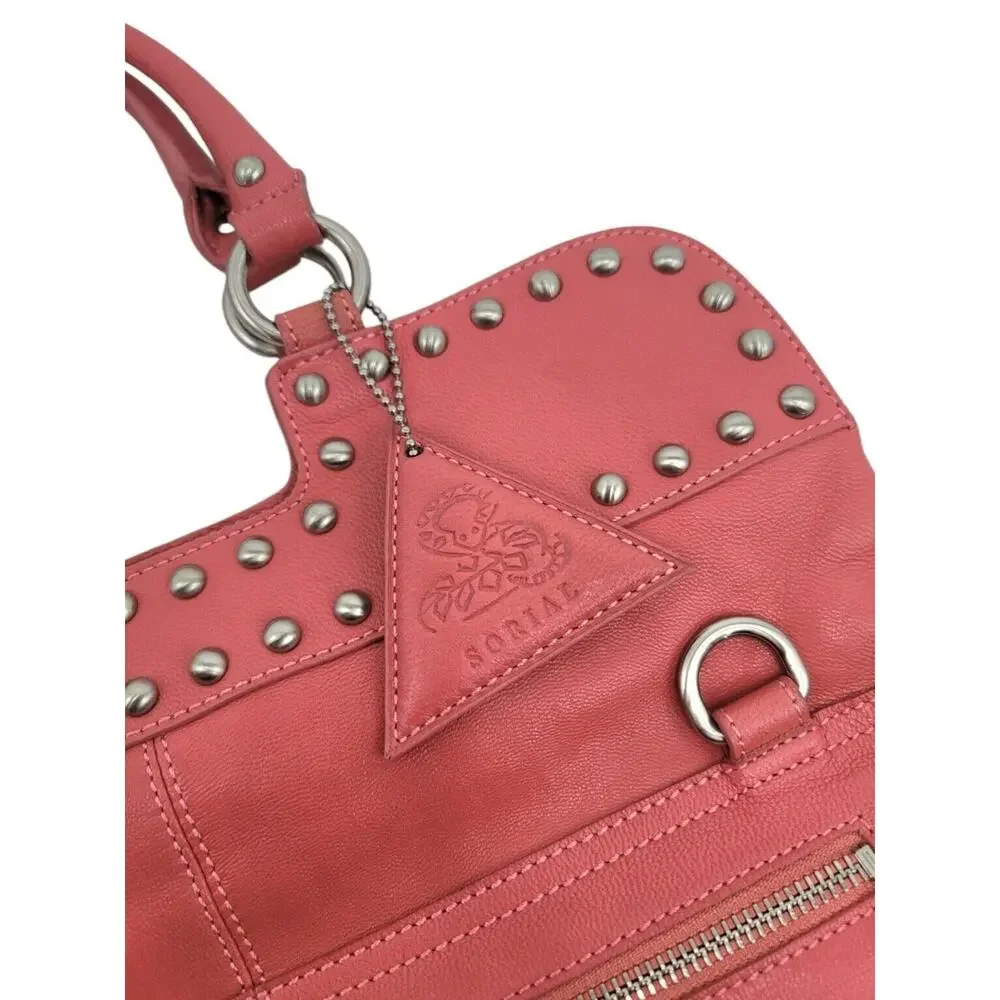 Sorial Studded‎ Leather Tote Shoulder Bag Pink Coral Boho Moto Satchel Purse